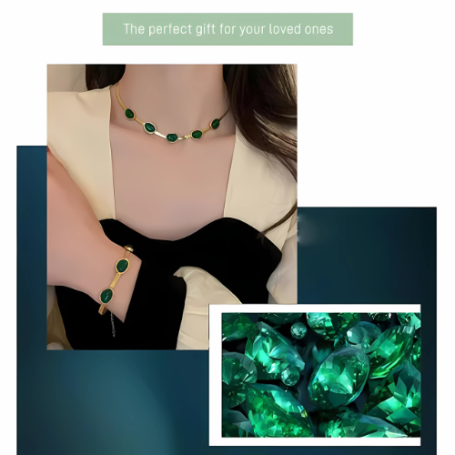 Elegant Oval Green Crystal Jewelry Set - Timeless Gold-Colored Charm